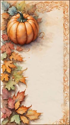 a painting of a pumpkin and autumn leaves on a white background with an ornate border