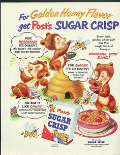 an advertisement for sugar crisp featuring three bears eating from a honey pot and another bear sitting on the ground