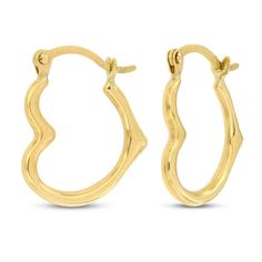 Romantic and sentimental, these earrings feature an open heart design fashioned in 14K yellow gold. The earrings secure with hinged backs. 14k Yellow Gold Hinged Earrings, Elegant Everyday Huggie Earrings For Valentine's Day, Elegant Hinged Huggie Earrings For Gift, Elegant Valentine's Day Huggie Earrings, Elegant Huggie Jewelry For Valentine's Day, Yellow Gold Hoop Earrings With Heart Charm, Elegant Heart Huggie Earrings For Everyday Wear, Elegant Hypoallergenic Huggie Heart Earrings, Elegant Yellow Gold Hoop Earrings With Heart Charm