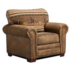 a brown chair with a pillow on top of it's back and two horses painted on the armrests