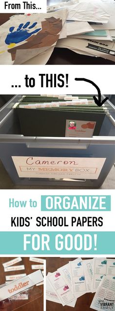 an organized classroom desk with lots of papers on it and the words how to organize kids'school papers for good