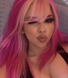 Hair Dye Colors Aesthetic, Pink With Pink Highlights, Pink With Blonde Money Piece, Magenta Hair Makeup, Dark Pink With Light Pink Highlights, Money Piece Balayage Pink, Pink Hair With Light Pink Front Pieces, Big Pink Hair, Blue Hair Pink Bangs