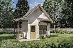 a small white house with a yellow door in the middle of some grass and trees