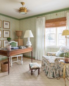 a living room filled with furniture next to a window covered in green and white curtains