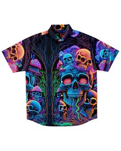 Bring the party wherever you go with the Psychedelic Skull Sanctuary Party Shirt! A kaleidoscope of colors, patterns, and rave energies, this shirt perfectly captures the spirit of psychedelic fun and free-spirited dancing. Crafted for the seasoned raver, it effortlessly pairs with our matching bucket hat or stands bold on its own. Beyond its psychedelic appeal, this shirt promises unparalleled comfort, making it a must-have for every rave or laid-back gathering. Vibrant and captivating psychede Multicolor Skull Print Summer Tops, Multicolor Skull Print Top For Summer, Multicolor Skull Print Tops For Summer, Funky Multicolor Tops For Festival, Halloween Multicolor Skull Print Tops, Multicolor Skull Print Tops For Halloween, Festival Skull Print Short Sleeve Tops, Multicolor Short Sleeve Shirt For Festival, Multicolor Rave Festival Tops