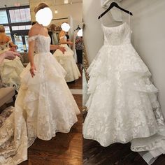 two dresses are on display in a bridal shop