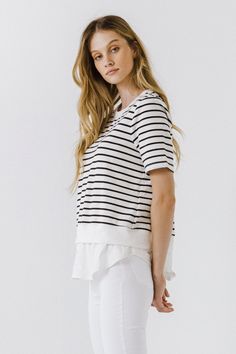 Stripe knit Mixed media Round neckline Short sleeve Hand wash cold Do not bleach Do not tumble dry Iron low Shell: 95% Cotton 5% Spandex Contrast 1:100% Cotton Contrast 2: 97% Cotton 3% Spandex JJ839T Total length: 26.50" Bust: 38.50" Knit Loungewear, Summer Style Guide, Strapless Bodycon Dress, Casual Party Dresses, English Factory, Knit Outerwear, Stripe Top, Tweed Dress, Fashion Night