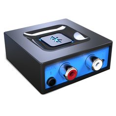 a blue and black box with two red knobs on the front, and an x button on the back