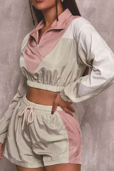 Zip-up Cropped Sweatshirts with Shorts Suit Sets Long Sleeve Patchwork Sets For Spring, Pink Patchwork Long Sleeve Sets, Pink Long Sleeve Patchwork Sets, Casual Patchwork Sets For Loungewear, Casual Loungewear Sets With Patchwork, Casual Patchwork Sets, Casual Pink Patchwork Sets, Casual Long Sleeve Two-piece Tops, Casual Pink Color Block Sets