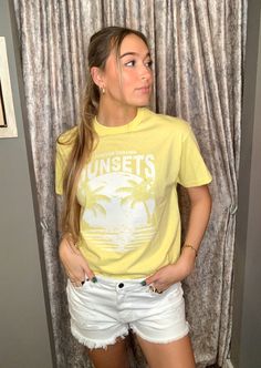 Sunsets Graphic tee in yellow Crafts For Money, Forever Chasing Sunsets, Chasing Sunsets, Graphic Tops, Color Free, Yellow Color, Online Purchase, Snug Fit, Breathable Fabric