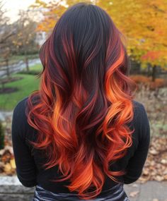 Curtain Bangs with Fall Hair  for a Trendy Look 🌼 Reddish Hair Color Ideas, Hair Color Ideas For Brunettes Orange, Black Orange Blonde Hair, Black And Orange Balayage, Simple Hair Color Ideas Brown, Maroon And Brown Hair, Cowboy Copper Hair With Black, Autum Hair Ideas, Ombre Fashion Color Hair