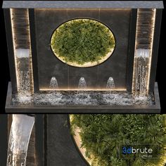 two pictures of a fountain with water running from it and the bottom one has green plants growing out of it