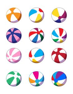 six different colored beach balls are arranged in the shape of a circle on a white background