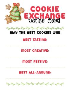 a christmas cookie exchange card with an image of a tree and ginger cookies on it