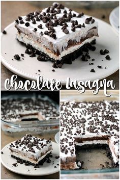 chocolate lasagna cake with white frosting and chocolate chips on top