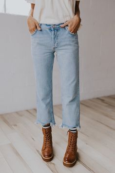 Cute Light Blue Wash Straight Jeans | ROOLEE Recreate Outfits, Cropped Jeans Outfit, Bbq Sides, Work For It, About Success, Where It All Began, Trendy Boots, Shirt Cuff, Autumn Outfits