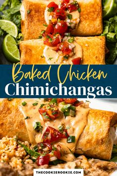 baked chicken chimichangas on a plate with limes and cilantro