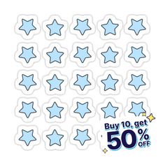 blue and white stars stickers with the words buy 10 get 50 % off on them