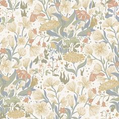 a floral wallpaper with many different flowers and leaves on white background, all in pastel colors