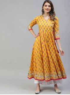 * Women Ethnic Motifs Printed Gotta Patti Indie Prints Anarkali Cotton Kurta * Ethnic motifs printed * V-neck * Three-quarter, regular sleeves * Anarkali shape with angrakha style * Gotta patti detail * Ankle length with flared hem * Machine weave regular cotton * Material:-  Cotton  *Wash Care:-  Machine Wash *Package Contains:- Only One Anarkali Kurta AVAILABLE IN 5 SIZES THEY ARE IN FOLLOWING MEASUREMENTS IN INCHES:- XS:- Bust-34/To Fit Waist-28/Length-52/Hip-36 S:- Bust-36/To Fit Waist-30/Length-52/Hip-38 M:- Bust-38/To Fit Waist-32/Length-52/Hip-40 L:- Bust-40/To Fit Waist-34/Length-52/Hip-42 XL:- Bust-42/To Fit Waist-36/Length-52/Hip-44 XXL:- Bust-44/To Fit Waist-38/Length-52/Hip-46 NOTE ►► Please feel free to contact us for any further questions.CUSTOMISATION We do customisation ️ ► Multicolor Anarkali Set With Printed Motifs For Navratri, Yellow Long Sleeve Anarkali Set For Transitional Season, Transitional Yellow Anarkali Set With Long Sleeves, Transitional Yellow Long Sleeve Anarkali Set, Bohemian Anarkali Set For Navratri With Printed Motifs, Multicolor Printed Motifs Anarkali Set For Diwali, Bohemian Anarkali Set With Printed Motifs For Transitional Season, Fitted V-neck Anarkali Set For Navratri, Fitted V-neck Kurta For Navratri