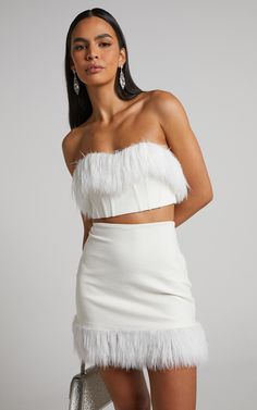 Rhaiza Mini Skirt - Faux Feather Trim High Waisted Skirt in White | Showpo USA Party Dress Code, Party Dress Codes, Nashville Bachelorette Party, Bachelorette Dress, Bachelorette Outfits, Strapless Crop Top, Taylor Swift Outfits, White Mini Skirt, Feather Trim