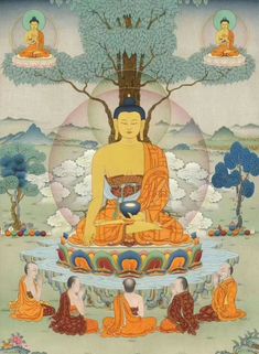 an image of buddhas sitting in the middle of a field with trees and clouds