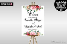 an easel with a sign that says welcome to the bride and groom