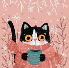 a black and white cat holding a cup of coffee in its paws with snowflakes on the background