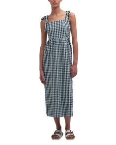 Barbour Abigail Cotton Midi Dress Chic Plaid Spring Dress With Square Neck, Chic Plaid Square Neck Dress For Spring, Chic Plaid Dress With Square Neck For Spring, Elegant Gingham Midi Dress For Spring, Chic Gingham Midi Dress, Spring Gingham Midi Dress With Square Neck, Spring Gingham Midi Dress For Daywear, Spring Gingham Dress With Tie Straps, Check Outfit