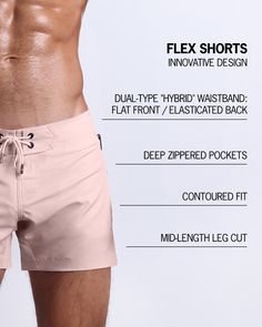 BANG! Flex Shorts offer maximum flexibility and responsiveness to adapt to any men's body form while maintaining great looks. Innovation in design: these men’s beachwear trunks are equipped with a Dual-Type “Hybrid Waistband” which merges a Flat Style section at front (with Hook-&-Loop closure), and an elasticated segment at the back side. This technical combination of two different waistband systems as an all-in-one option enables this bathing suit to adapt comfortably to the widest range of va Gym Tanks, Body Form, Gym Tank Tops, Tailored Shorts, Swim Brief, Beach Tops, Jogger Shorts, Flat Style, Gym Shirts