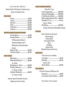 a menu for a restaurant with prices on it