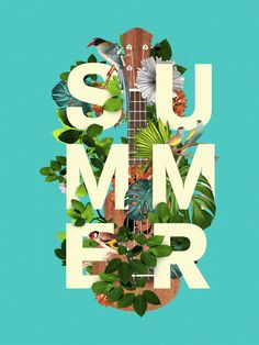 the words summer are surrounded by tropical plants and birds on a blue background with green leaves