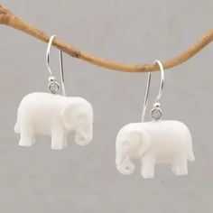 Sleek Cow Bone Carved Elephant Earrings with Silver Hooks - White Elephant | NOVICA Carved Elephant, Cow Bones, Elephant Earrings, White Cow, Printed Jewelry, Bone Carving, Earrings White, Premium Gift, White Elephant