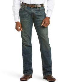 From Ariat, these jeans feature:straight fitlow risestraight legbootcutbelt loopstinted dark washwhiskerscottonmachine wash; tumble dryImported. Rugged Medium Wash Bottoms For Fall, Rugged Fitted Straight Leg Bottoms, Western Style Denim Blue Bottoms With Pockets, Rugged Medium Wash Bottoms With Standard Cut Leg, Rugged Five-pocket Bottoms For Fall, Standard Cut Leg Jeans With Belt Loops For Fall, Fall Jeans With Belt Loops And Standard Cut Leg, Western Denim Blue Bottoms With Pockets, Classic Dark Wash Jeans