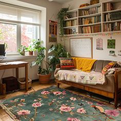 a living room filled with furniture and bookshelves next to a window covered in plants