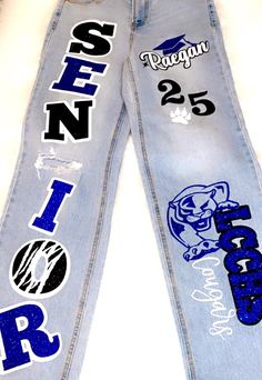 Freshman Pants Ideas, Custom Senior Jeans, Hoco Pants Ideas Junior, Senior Jeans Painted 2025 Ideas, Senior Spirit Jeans, Senior Jeans Painted 2025, Homecoming Pants Ideas