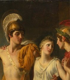 a painting of two men and a woman in roman garb standing next to each other