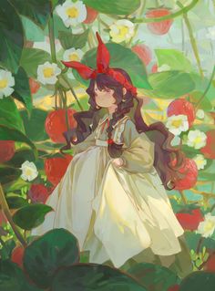 a painting of a girl in a white dress and red hat surrounded by flowers with leaves