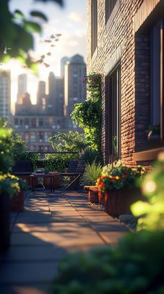 an alley way with potted plants and benches in the foreground, near a cityscape