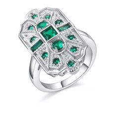 Fashion Silver Green Cubic Zirconia Cz Art Deco Ring Statement Jewelry Size 6 Silver Sterling Silver Ring With Rhinestones, Silver Emerald Crystal Ring With Accent Stones, Silver Emerald Ring With Diamond Accents, Silver Emerald Ring With Cubic Zirconia Center Stone, Silver Diamond Ring With Accent Stones For May Birthstone, Silver Emerald Cut Ring With Diamond Accents, Silver Diamond Ring With May Birthstone, Elegant Silver Crystal Ring For May Birthstone, Silver Cubic Zirconia Emerald Ring Fine Jewelry