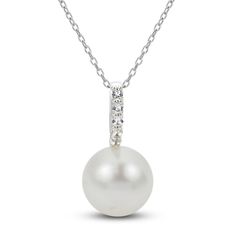 Take any look to a new level of elegance with this gleaming cultured pearl necklace. Sterling silver The pendant features a button freshwater cultured pearl beneath a sparkling length of white lab-created sapphires 18-inch cable chain; lobster clasp Fine Jewelry Pearl Chain Necklace For Anniversary, Anniversary Pearl Embellished Round Necklace, Fine Jewelry Pearl Necklace For Anniversary, Pearl Drop Necklace For Anniversary, Diamond White Pearl Necklace For Formal Occasions, Classic Diamond White Pearl Pendant Necklace, Pearl Jewelry With Diamond Accents Round Pendant, Pearl Jewelry With Diamond Accents In Round Pendant, Diamond White Pearl Necklace