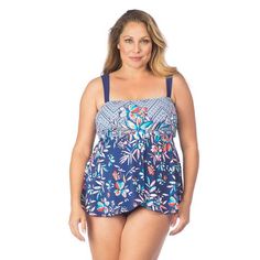 Plus Size Flyaway Tankini One-piece Swimsuit by Maxine - Tropical Trip Swimsuits Plus Size, Flattering Bathing Suit, Hanky Hem Top, Curvy Swimwear, Tankini Swimsuit, Trendy Swimwear, Plus Size Swimsuits, Cup Bra, Soft Cup