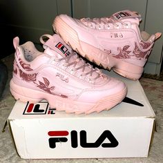 Cute And Authentic Fila Disruptor 2s In Baby Pink With Embroidered Flower Patterns. Preowned And Still In Fantastic Condition. Worn About Four Times. With The Original Box. Pink Sneakers With Embroidered Logo For Spring, Trendy Embroidered Sneakers With Round Toe, Trendy Embroidered Round Toe Sneakers, Embroidered Sneakers For Spring Streetwear, Embroidered Lace-up Sneakers For Streetwear, Spring Embroidered Sneakers For Streetwear, Spring Streetwear Embroidered Sneakers, Embroidered Low-top Sneakers For Streetwear, Fila Shoes