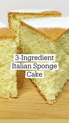 three ingredient italian sponge cake on a wooden cutting board with the words, 3 ingredient italian sponge cake