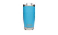 the yeti tumbler is shown in blue with silver trim and stainless steel lid