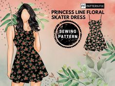 a woman wearing a dress with flowers on it and the text princess line floral skater dress sewing pattern