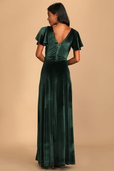 Emerald Maxi Dress - Velvet Maxi Dress - Flutter Sleeve Dress - Lulus Short Sleeve Bridesmaid Dress, Dark Green Bridesmaid Dress, Bridesmaid Dresses Boho, Emerald Green Velvet, Bridesmaid Flower, Boho Wedding Dress Lace, Neck Deep, Velvet Maxi Dress, Velvet Maxi