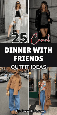 A collage featuring 25 casual dinner outfit ideas for women, including chic blazers, cozy coats, and stylish combinations for a night out with friends. Perfect mix of elegant and laid-back styles for dining occasions. Dinner With Friends Outfit, Chic Blazer, Cozy Coats, Dinner With Friends, Dinner Outfits, Friend Outfits, Casual Dinner, Casual Dinner Outfit, Night Out