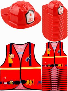 an orange safety vest and red hard hat with stickers on the front, two different views