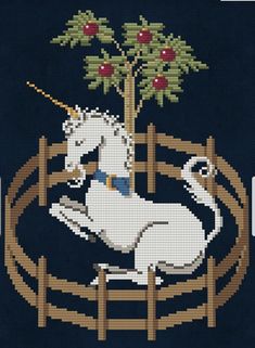 the cross stitch pattern shows an image of a white unicorn riding on a horse in a fence